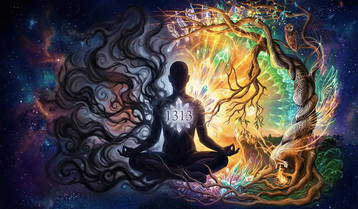 The Spiritual Meaning of Angel Number 1313: Embracing New Beginnings and Growth 1 - Buddha Bodhis Metaphysical artwork depicting energy transmutation and spiritual rebirth associated with the philosophy of 1313.