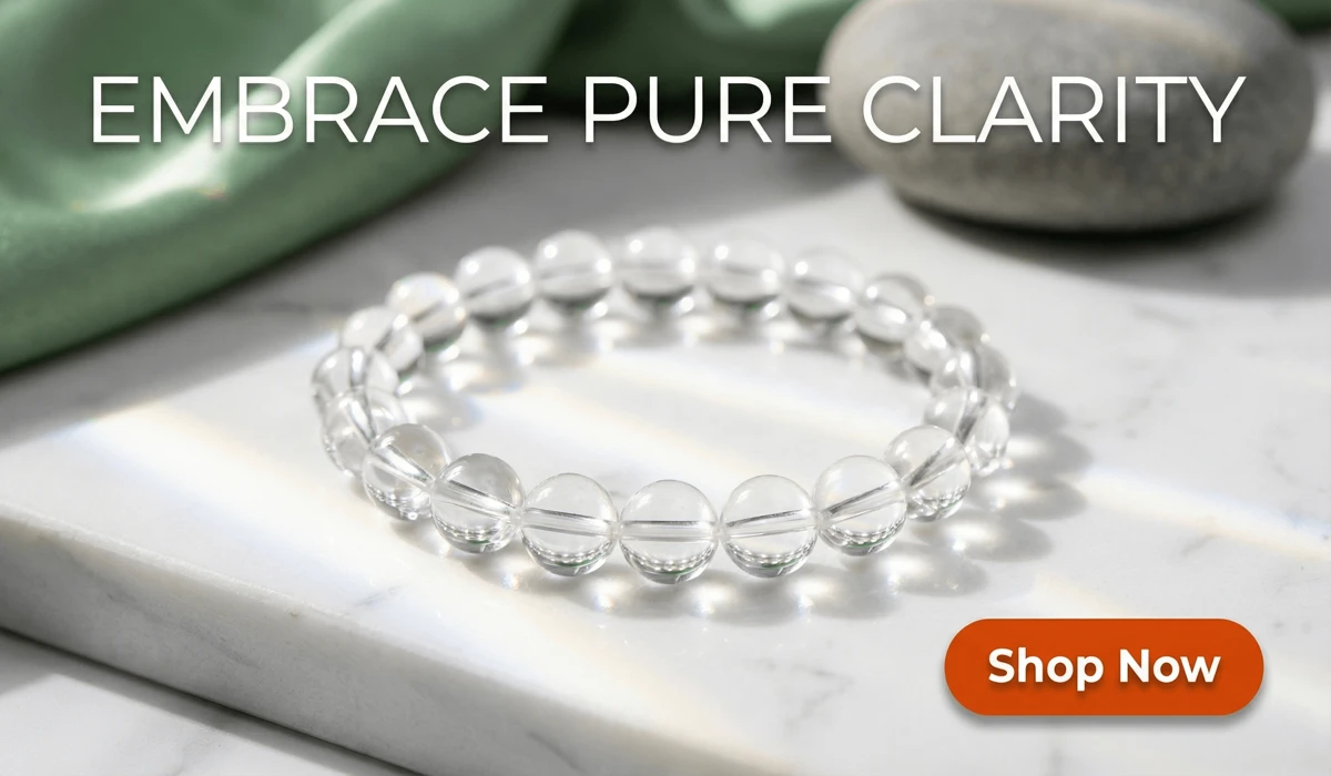 The Spiritual Meaning of Angel Number 1313: Embracing New Beginnings and Growth 3 - Buddha Bodhis Natural Clear Quartz Bracelet for focus and aura cleansing, featuring transparent healing beads in a high-end minimalist setting with a Shop Now button.