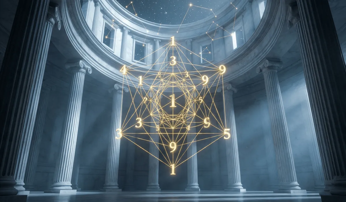 How to Clear Your Mind and Find Peace with Angel Number Meditation Cards - Buddha Bodhis Ancient Pythagorean concept of Harmony of the Spheres featuring glowing numeric symbols and sacred geometry in a marble temple.