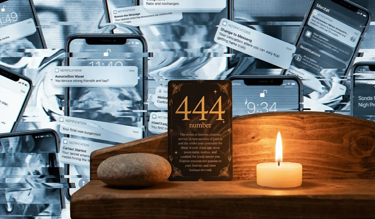 How to Clear Your Mind and Find Peace with Angel Number Meditation Cards 2 - Buddha Bodhis A physical Angel Number card on a peaceful meditation altar contrasted against a chaotic digital background to show mental clarity.
