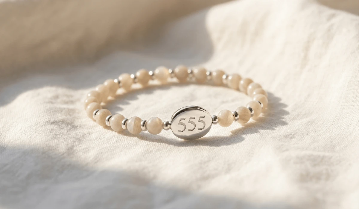 The Meaning of 555 Angel Number Bracelets: Embracing Change and Transformation - Buddha Bodhis High-quality 555 angel number bracelet with moonstone beads and silver charm on white linen.
