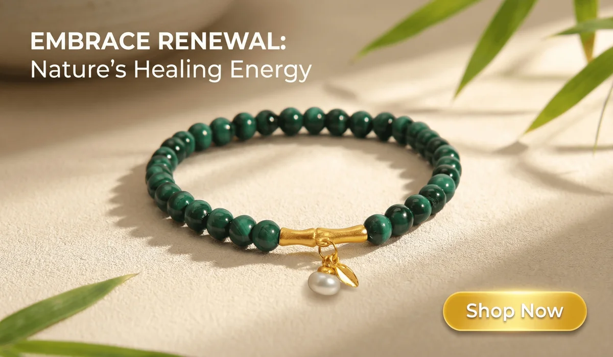 The Meaning of 555 Angel Number Bracelets: Embracing Change and Transformation 2 - Buddha Bodhis High-end SEO banner featuring a Natural 5mm Malachite and Golden Bamboo Bracelet for Transformation and Growth with a Shop Now button.
