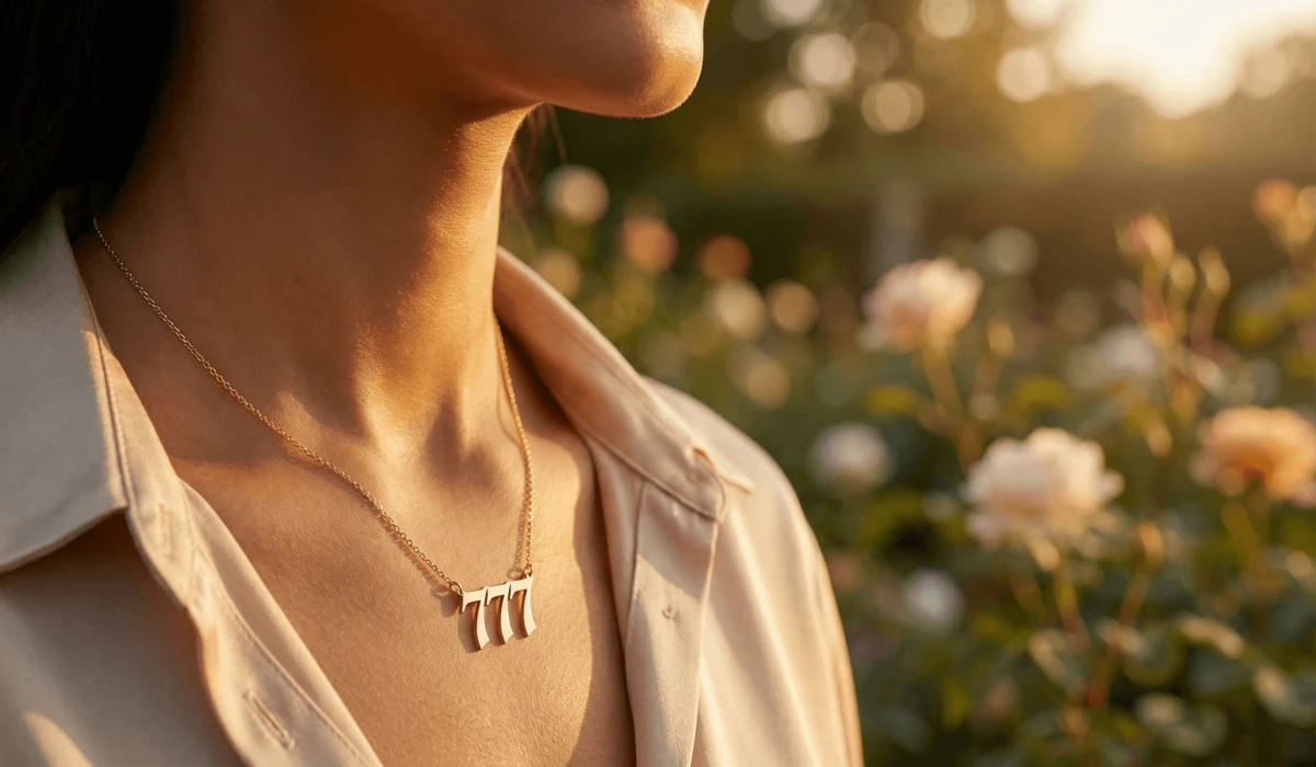 Why You Keep Seeing 111, 333, and 777: Spiritual Meanings and Messages 2 - Buddha Bodhis Minimalist gold 777 angel number necklace worn as a manifestation amulet and spiritual jewelry.