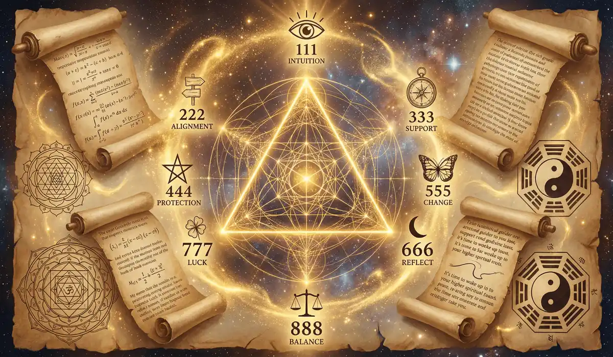 Why You Keep Seeing 111, 333, and 777: Spiritual Meanings and Messages - Buddha Bodhis Sacred geometry and ancient mystical symbols representing the historical origins of angel numbers 111, 333, and 777.