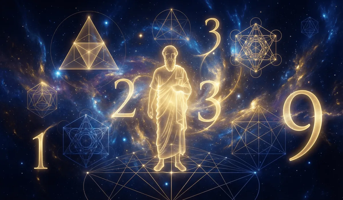 Why Am I Seeing Angel Numbers Everywhere? Understanding the Meaning of Synchronicities - Buddha Bodhis Ancient origins of numerology and Pythagorean sacred geometry in a cosmic setting representing the architecture of the universe.