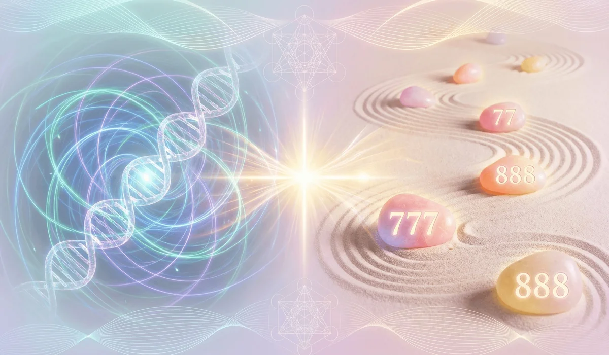 Why Am I Seeing Angel Numbers Everywhere? Understanding the Meaning of Synchronicities 2 - Buddha Bodhis An abstract comparison of quantum physics and spiritual numerology showing the connection between science and soul.