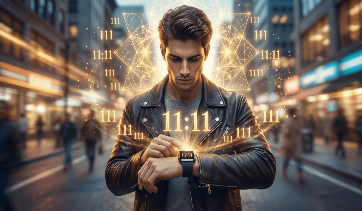 Why Am I Seeing Angel Numbers Everywhere? Understanding the Meaning of Synchronicities 1 - Buddha Bodhis A person experiencing a spiritual synchronicity with the angel number 111 appearing as a glowing geometric pattern in a city.