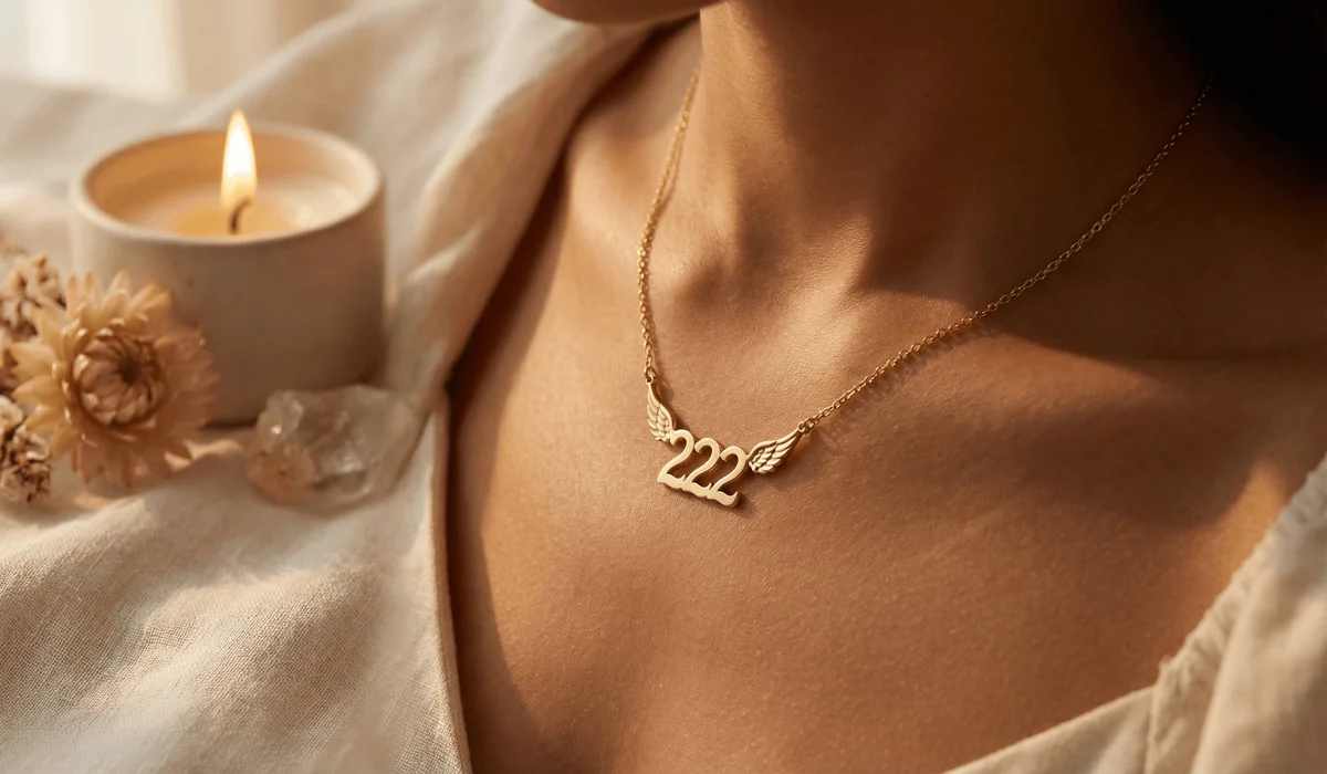 A Spiritual Guide to Angel Numbers for Love, Soulmates, and Relationships 1 - Buddha Bodhis Close-up of a 222 angel number necklace symbolizing balance, harmony, and sacred partnership in love.