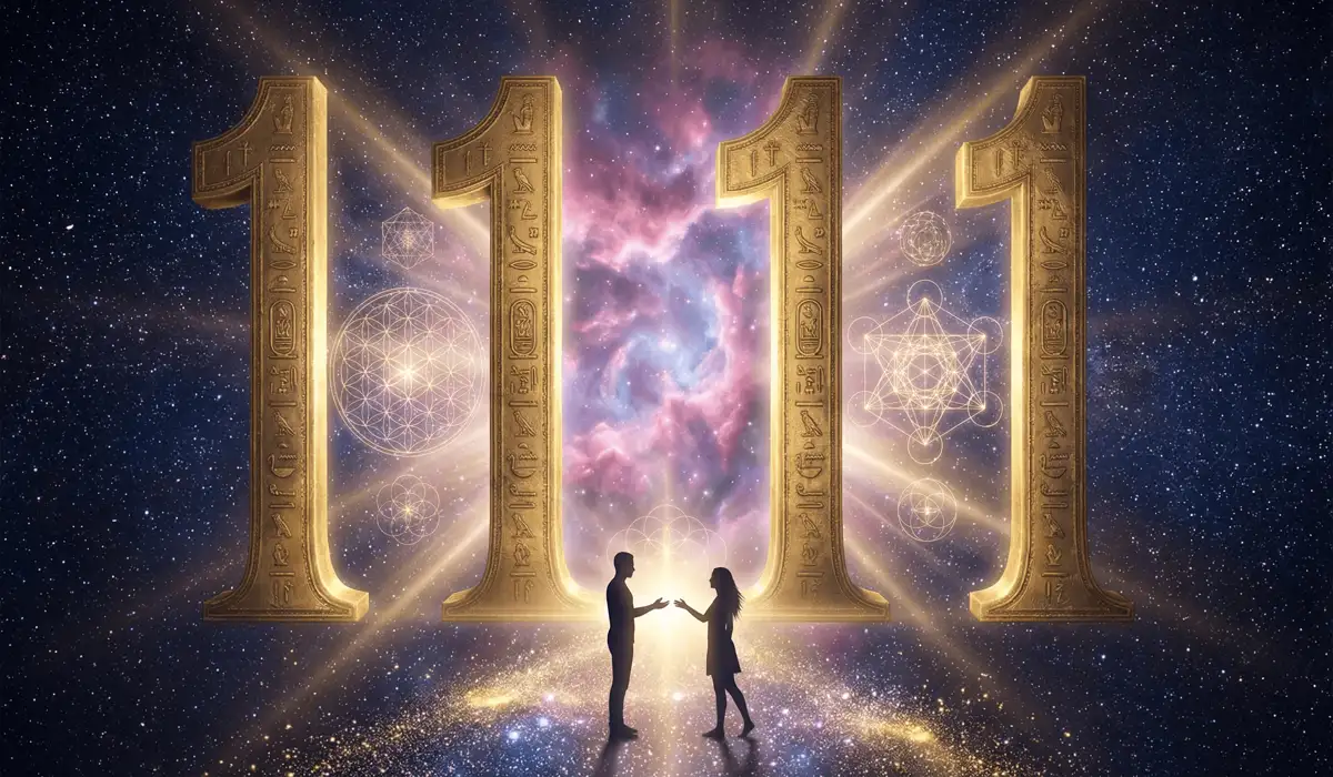 A Spiritual Guide to Angel Numbers for Love, Soulmates, and Relationships - Buddha Bodhis Ethereal 1111 gateway representing the spark of twin flame recognition and spiritual union in a cosmic setting.