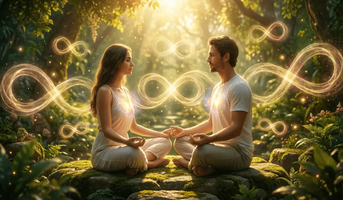 A Spiritual Guide to Angel Numbers for Love, Soulmates, and Relationships 4 - Buddha Bodhis A couple meditating together with 888 angel number symbols representing infinite abundance and romantic stability.