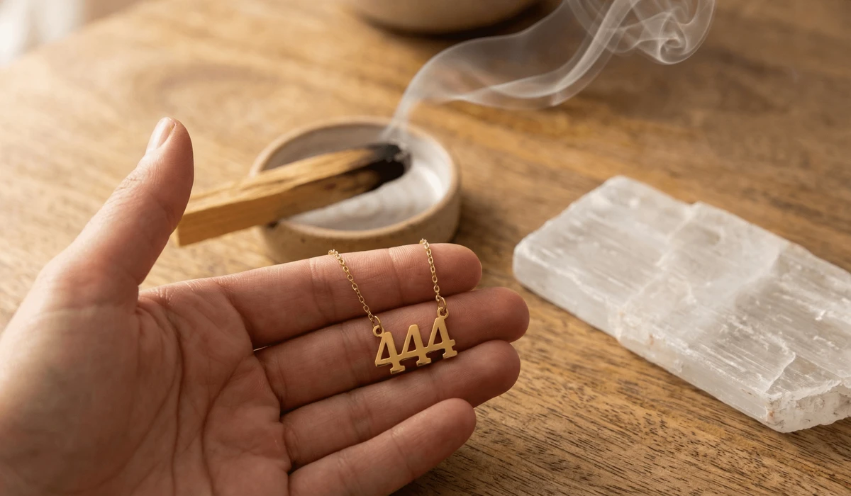 Understanding the Angel Number Jewelry Trend and Its Divine Meaning 4 - Buddha Bodhis A 444 angel number necklace being held during a spiritual cleansing ritual with palo santo smoke and selenite.