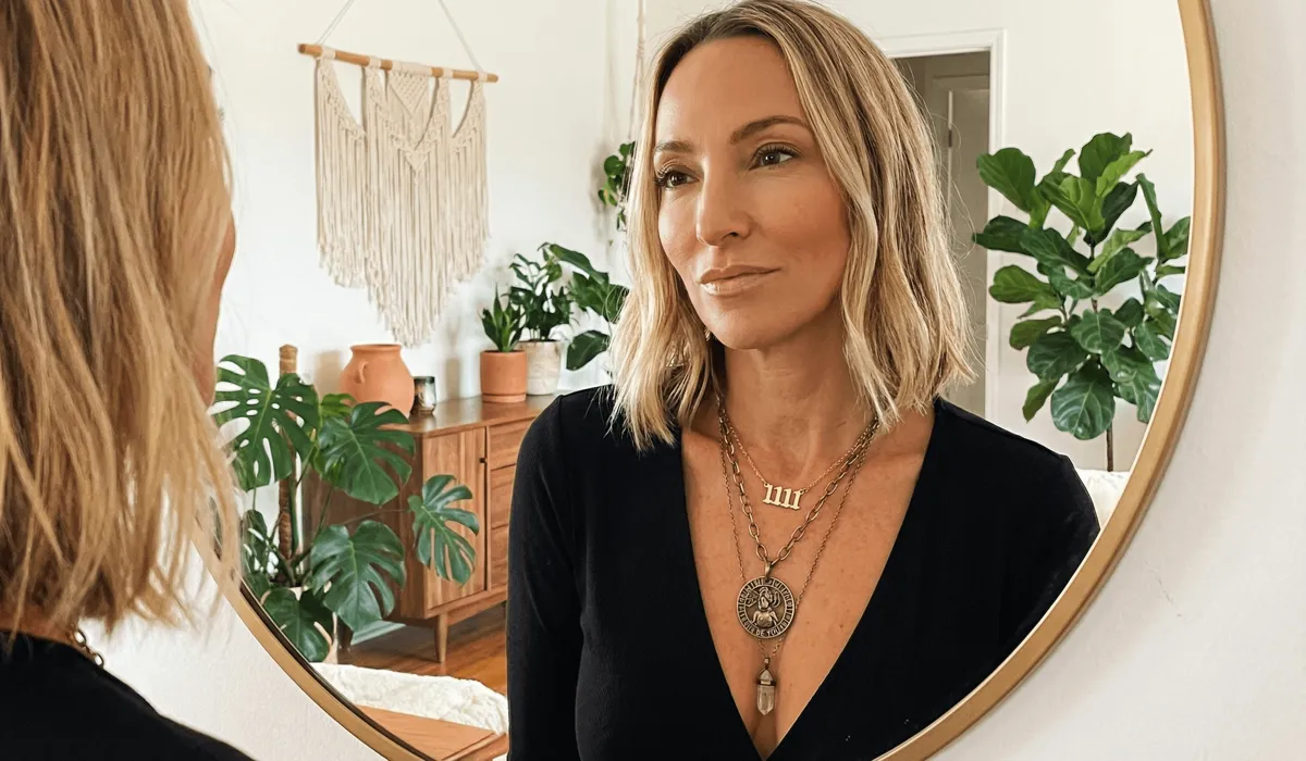 Understanding the Angel Number Jewelry Trend and Its Divine Meaning 3 - Buddha Bodhis A woman styling and layering an angel number necklace with zodiac jewelry for a modern spiritual aesthetic.