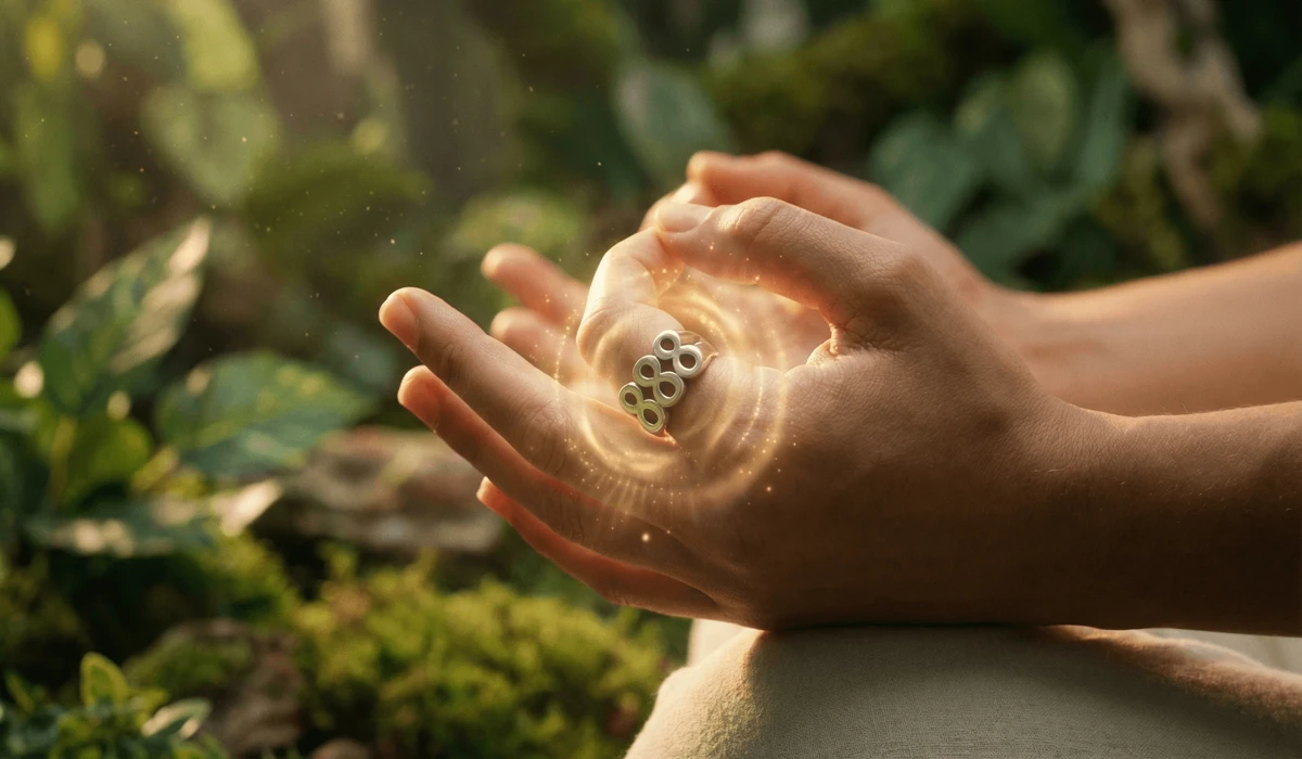 How to Use Angel Number Affirmations for Daily Manifestation and Spiritual Alignment 1 - Buddha Bodhis Close-up of hands charging an 888 angel number ring with golden manifestation energy.