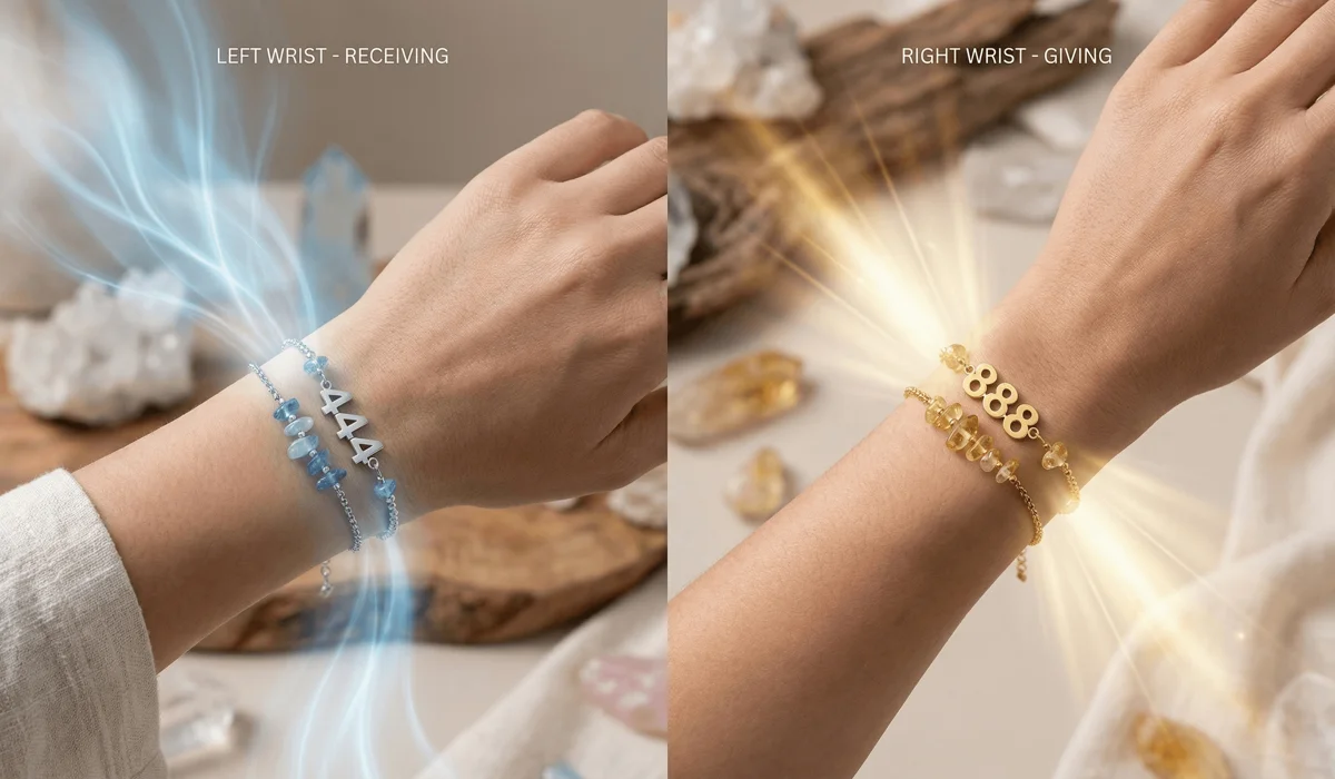 How to Use Angel Number Affirmations for Daily Manifestation and Spiritual Alignment 2 - Buddha Bodhis Visual guide showing the difference between wearing angel number jewelry on the left receiver wrist versus the right receiver wrist.