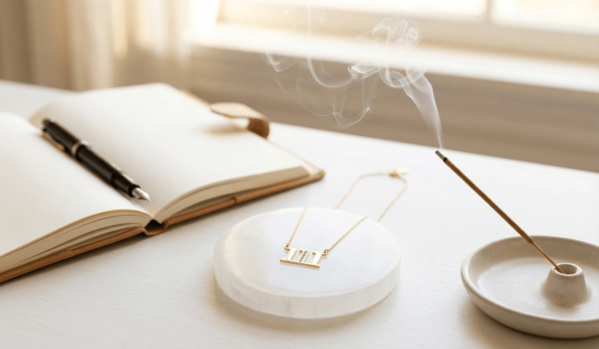 How to Use Angel Number Affirmations for Daily Manifestation and Spiritual Alignment - Buddha Bodhis Sacred manifestation space featuring 111 angel number jewelry, selenite plate, and incense for spiritual preparation.