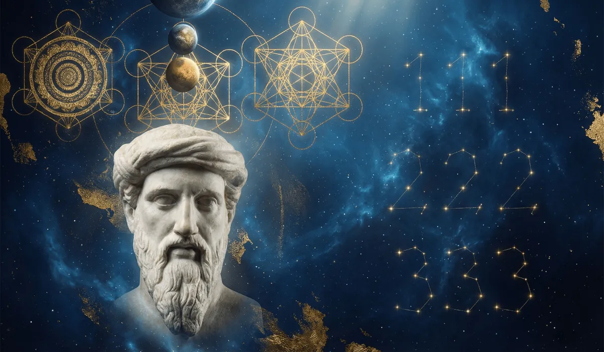 Understanding Angel Numbers: The Meaning, Origins, and Truth Behind the Signs - Buddha Bodhis An artistic representation of Pythagoras and sacred geometry, illustrating the ancient origins of angel numbers through celestial alignments and mathematical harmony.