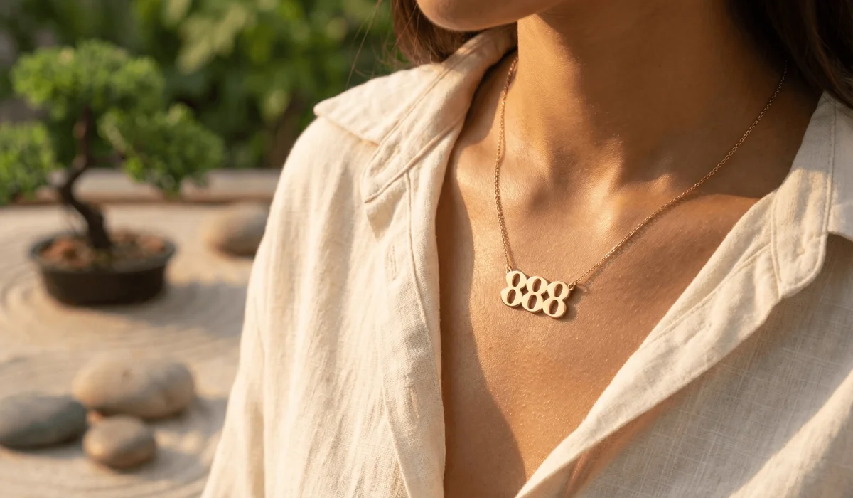 Understanding Angel Numbers: The Meaning, Origins, and Truth Behind the Signs 4 - Buddha Bodhis A close-up of a gold 888 angel number necklace, showcasing spiritual jewelry as a physical anchor for manifestation and abundance.