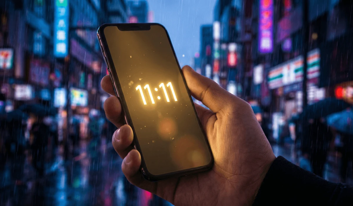 Understanding Angel Numbers: The Meaning, Origins, and Truth Behind the Signs 3 - Buddha Bodhis A smartphone screen displaying the 1111 angel number with a divine glow, representing digital awakening and mindfulness in a modern urban setting.
