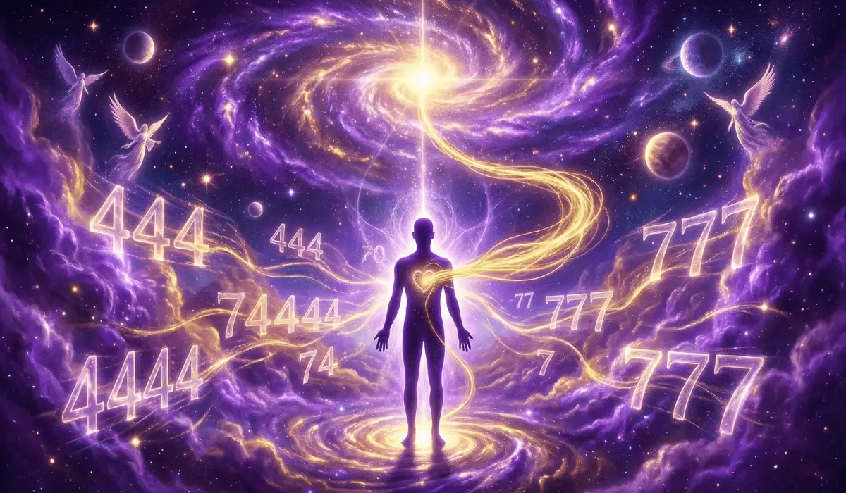 Understanding Angel Numbers: The Meaning, Origins, and Truth Behind the Signs 1 - Buddha Bodhis A mystical illustration showing a human soul interacting with glowing angel number frequencies, symbolizing spiritual alignment and the cosmic nudge of synchronicities.