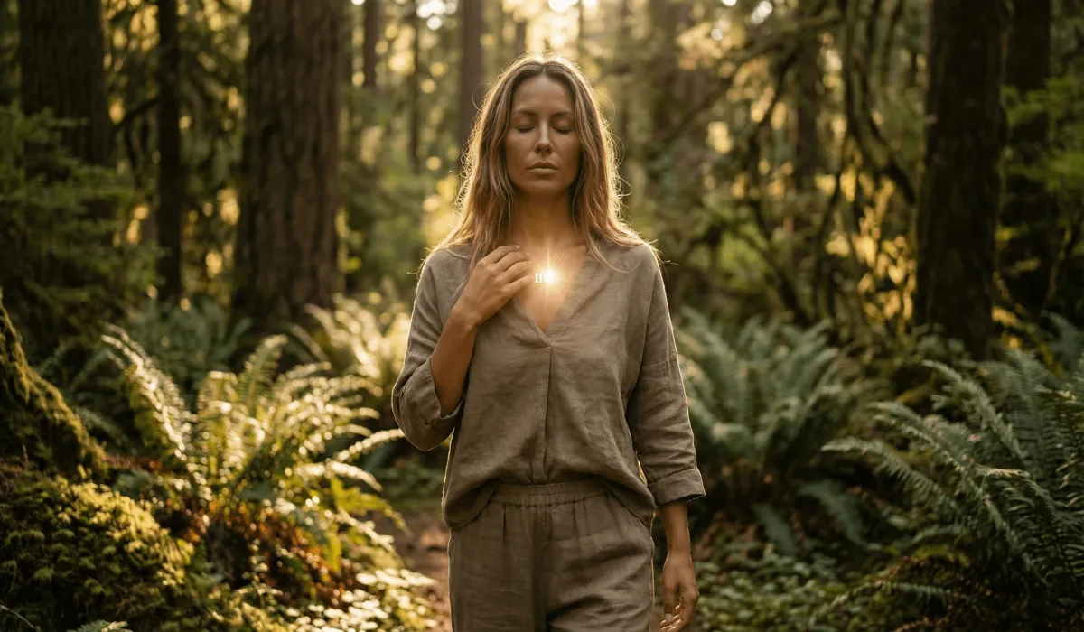 Angel Numbers for Healing: Divine Signs of Recovery and Spiritual Peace 3 - Buddha Bodhis A woman wearing an 1111 angel number necklace as a mindfulness anchor for emotional grounding and spiritual clarity.