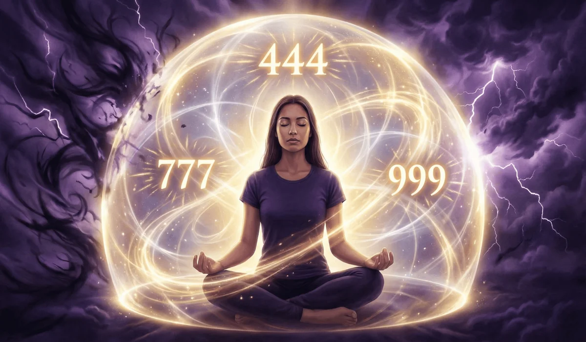 How Angel Numbers Signal Divine Protection and Guidance on Your Journey 1 - Buddha Bodhis Spiritual illustration showing a person protected by a vibrational shield of angel numbers 444, 777, and 999.