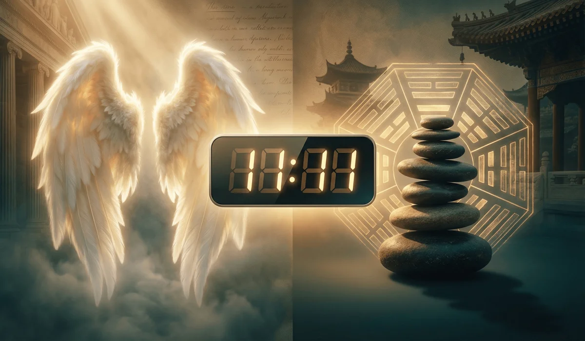 How Angel Numbers Signal Divine Protection and Guidance on Your Journey 2 - Buddha Bodhis Conceptual image blending Western guardian angel wings and Eastern Feng Shui symbols with the universal angel number 11:11.