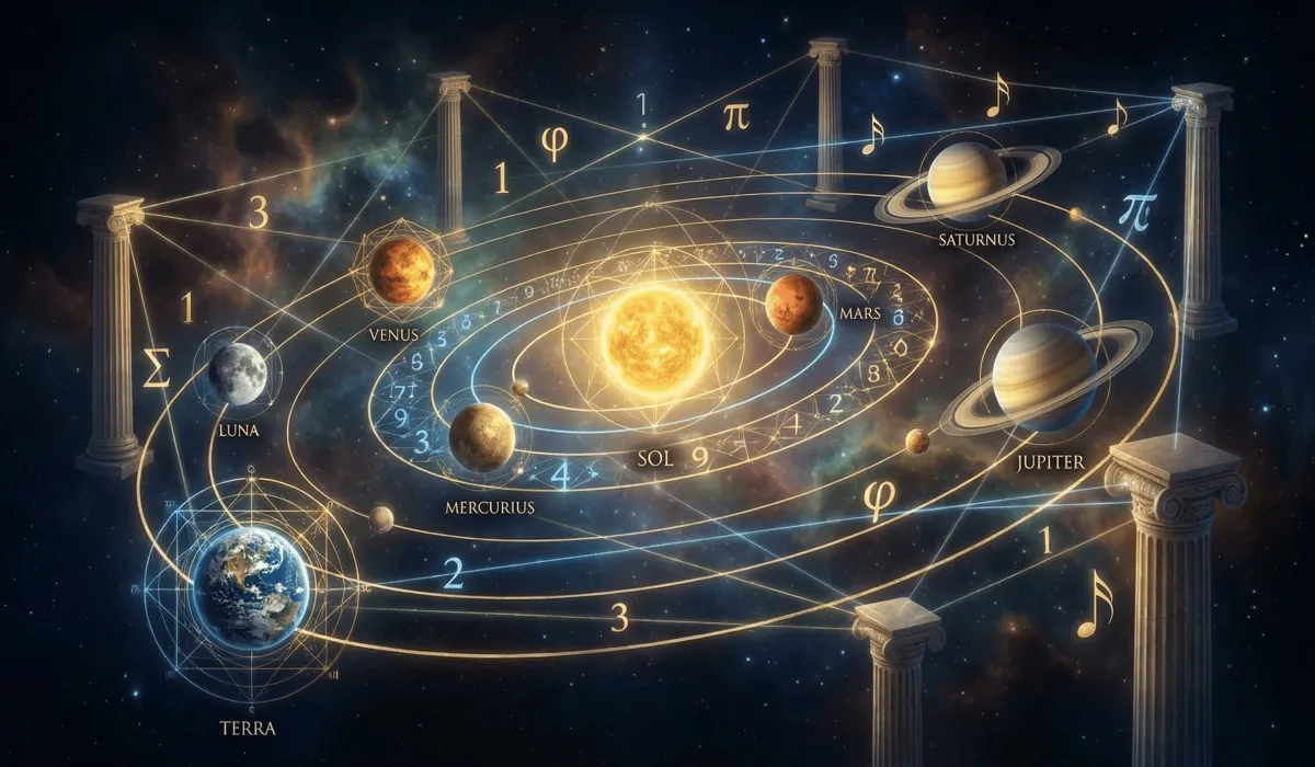 Angel Numbers and Oracles: A Guide to Their Meanings and Spiritual Messages - Buddha Bodhis Ethereal depiction of Pythagorean Music of the Spheres showing celestial bodies and sacred numerical geometry connecting the universe.