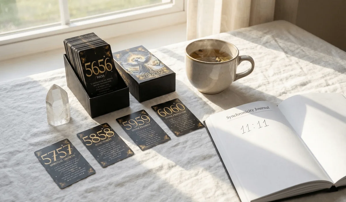 Angel Numbers and Oracles: A Guide to Their Meanings and Spiritual Messages 2 - Buddha Bodhis A morning spiritual ritual including angel number oracle cards, a journal, and crystals for daily guidance and meditation.