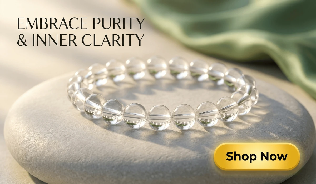 Angel Numbers and Oracles: A Guide to Their Meanings and Spiritual Messages 3 - Buddha Bodhis High-end product display of a Natural Clear Quartz Master Healer Bracelet for focus and aura cleansing with a Shop Now button