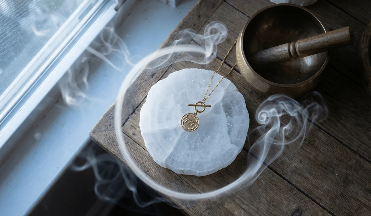 How Carrying Angel Number Tokens Can Help You Connect With Divine Energy Every Day 4 - Buddha Bodhis An angel number token ritual featuring a 777 pendant on a selenite crystal under moonlight, representing spiritual cleansing and activation.