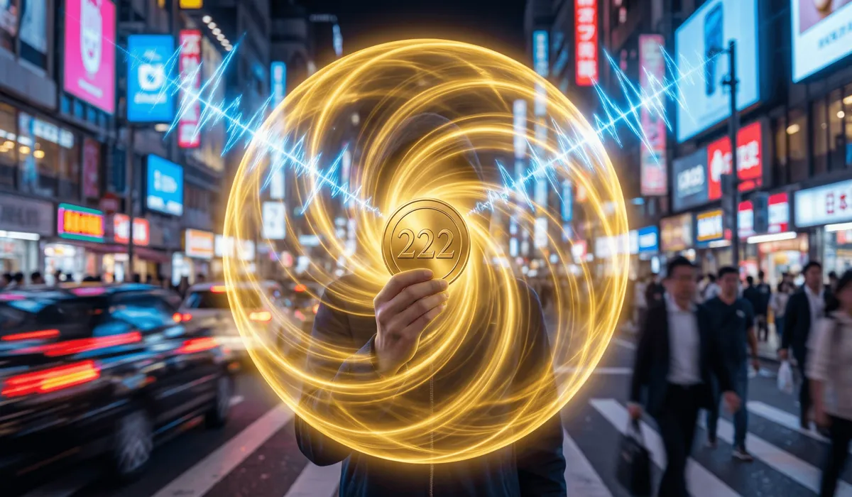 How Carrying Angel Number Tokens Can Help You Connect With Divine Energy Every Day 2 - Buddha Bodhis A person protected by a golden auric field in a busy city, activated by a 222 angel number token for grounding and protection.