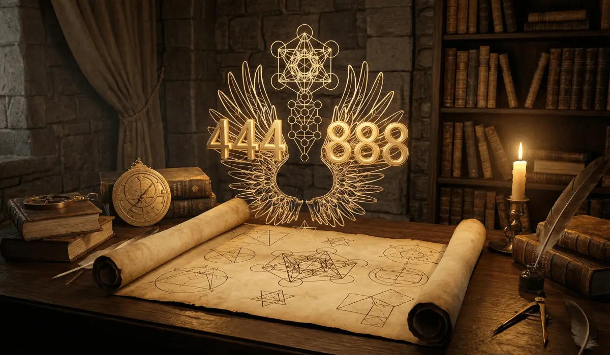 How Carrying Angel Number Tokens Can Help You Connect With Divine Energy Every Day 1 - Buddha Bodhis Historical Pythagorean geometry diagrams and glowing golden angel numbers 444 and 888 on an ancient scroll, illustrating the sacred origins of numerology.