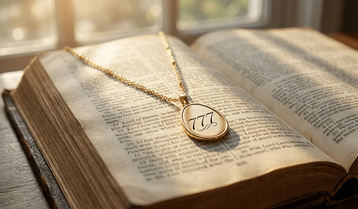 Are Angel Numbers Biblical? Understanding Spiritual Number Signs Through a Christian Lens 3 - Buddha Bodhis Elegant 777 angel number jewelry resting on a Bible, symbolizing a spiritual anchor and God's number of perfection.