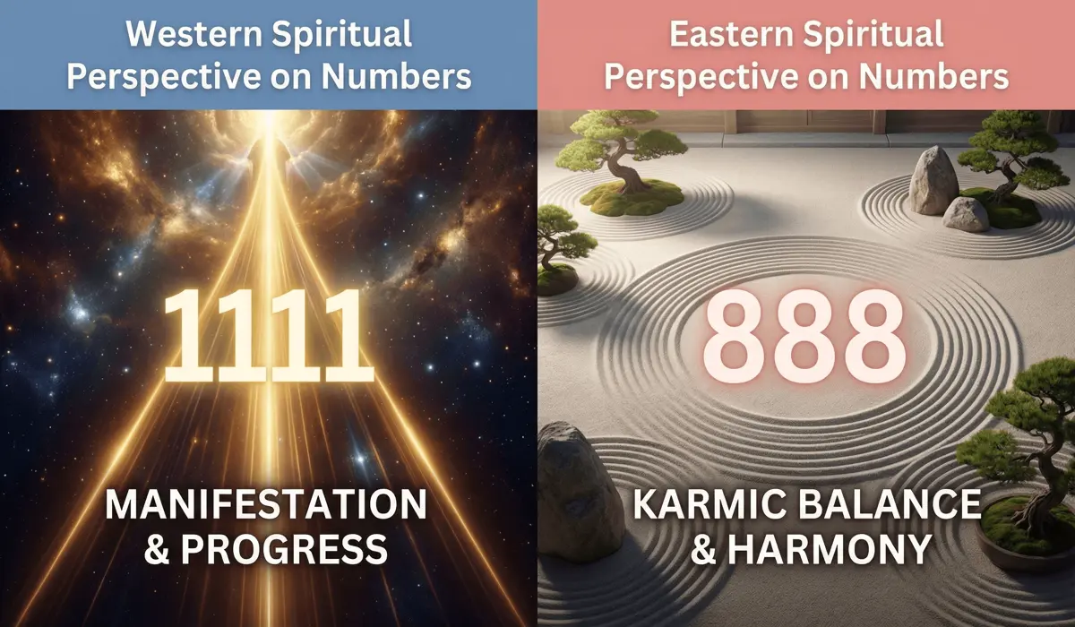 Are Angel Numbers Biblical? Understanding Spiritual Number Signs Through a Christian Lens 1 - Buddha Bodhis A comparison of Western linear manifestation and Eastern cyclic karma perspectives on angel number symbolism.