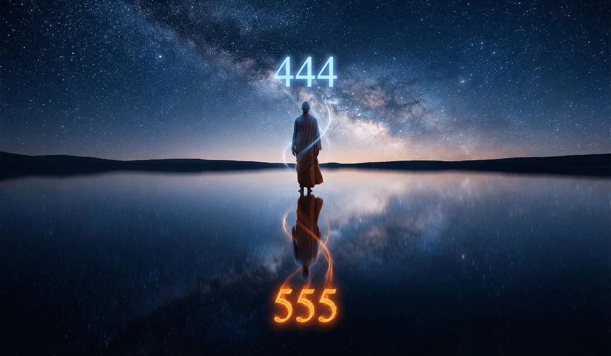 Why You Keep Seeing Multiple Different Angel Numbers and What It Means for Your Journey 1 - Buddha Bodhis A spiritual reflection showing the transition between angel numbers 444 and 555, symbolizing internal soul shifts.