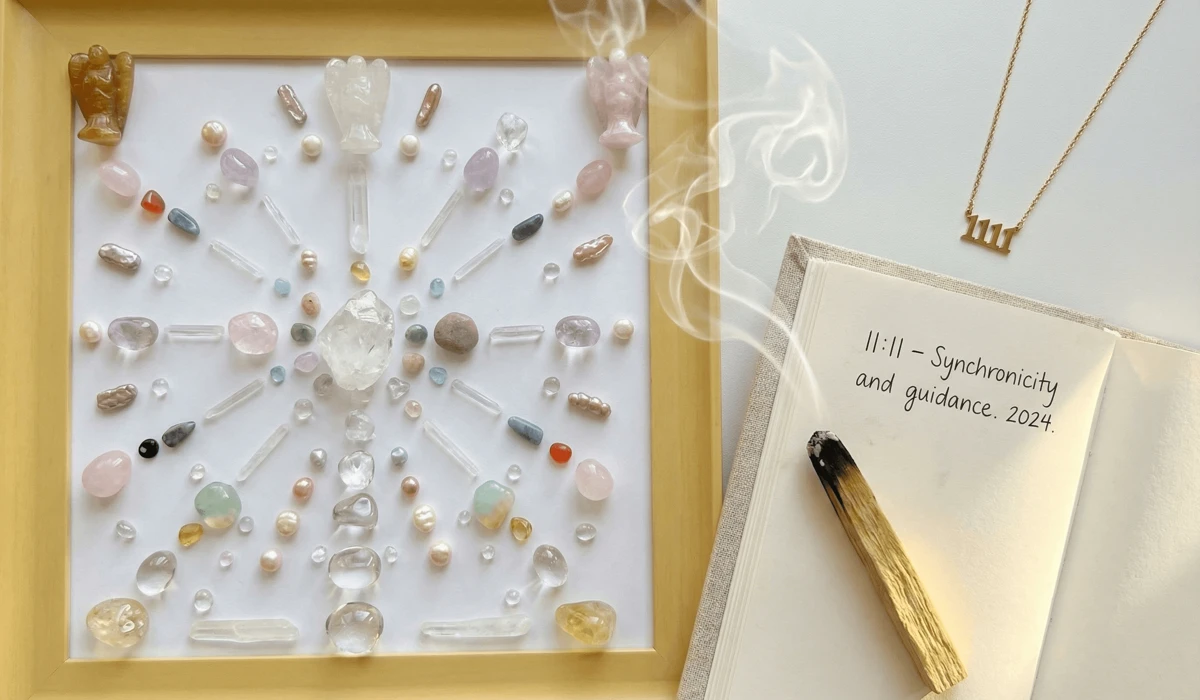 What to Do When You See Angel Numbers: A Guide to Receiving Divine Messages - Buddha Bodhis Essential tools for angel number alignment including clear quartz, a spiritual journal, Palo Santo, and angelic jewelry on a clean surface.