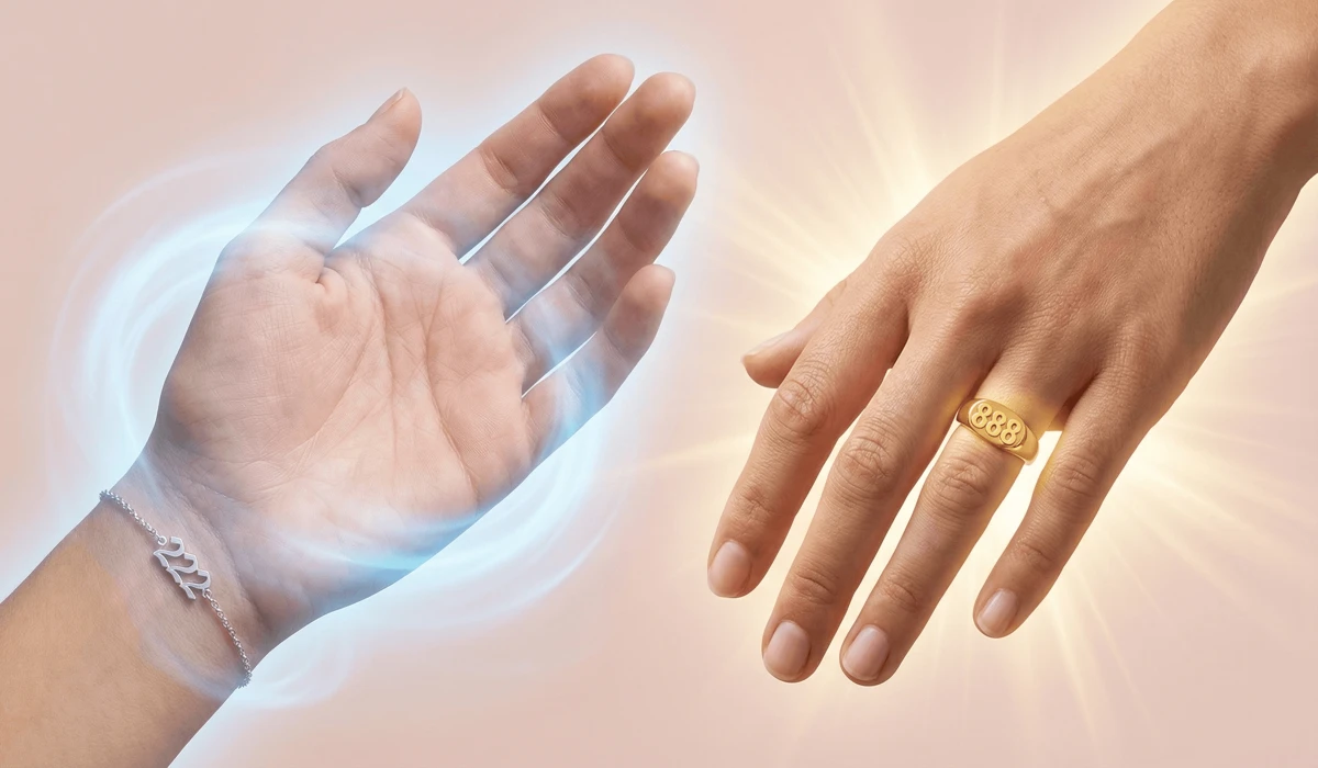 What to Do When You See Angel Numbers: A Guide to Receiving Divine Messages 3 - Buddha Bodhis Visual guide showing the spiritual difference between wearing angel number jewelry on the left hand for receiving and the right hand for giving.