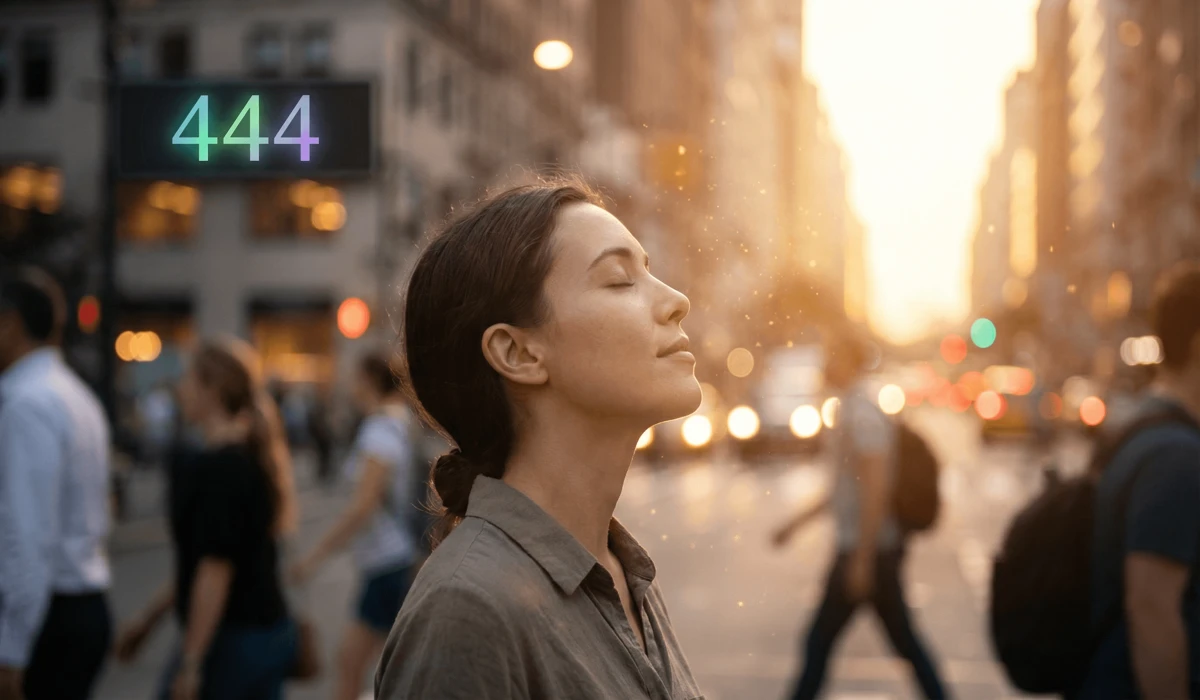 What to Do When You See Angel Numbers: A Guide to Receiving Divine Messages 1 - Buddha Bodhis A woman practicing the 'Pause and Breathe' method after seeing the angel number 444 in a modern setting.