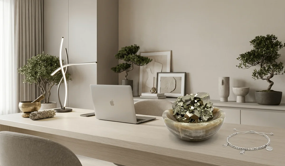 The Best Manifestation Tools and Feng Shui Items to Attract Abundance 4 - Buddha Bodhis Modern minimalist workspace integrated with a raw pyrite cluster and manifestation accessories for 2026 lifestyle.