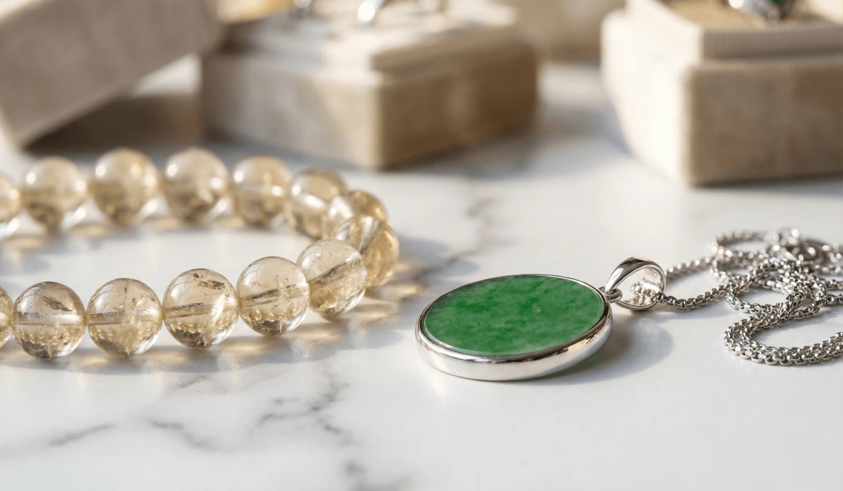 The Best Manifestation Tools and Feng Shui Items to Attract Abundance 1 - Buddha Bodhis Close-up of authentic natural citrine beads and a 925 sterling silver jade pendant for wealth manifestation.