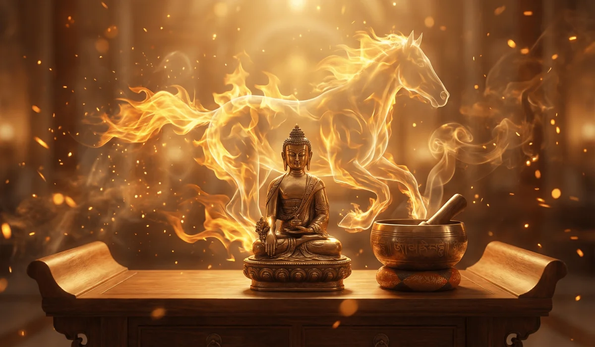 The Best Manifestation Tools and Feng Shui Items to Attract Abundance - Buddha Bodhis High-frequency Feng Shui tools including a brass Buddha and singing bowl set against a 2026 Fire Horse energy background.