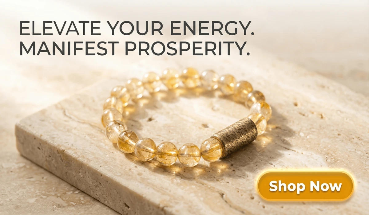 The Best Manifestation Tools and Feng Shui Items to Attract Abundance 2 - Buddha Bodhis High-end Citrine and Textured Brass Bracelet for prosperity and minimalist style, featuring golden gemstone beads on a luxury background with a Shop Now button.