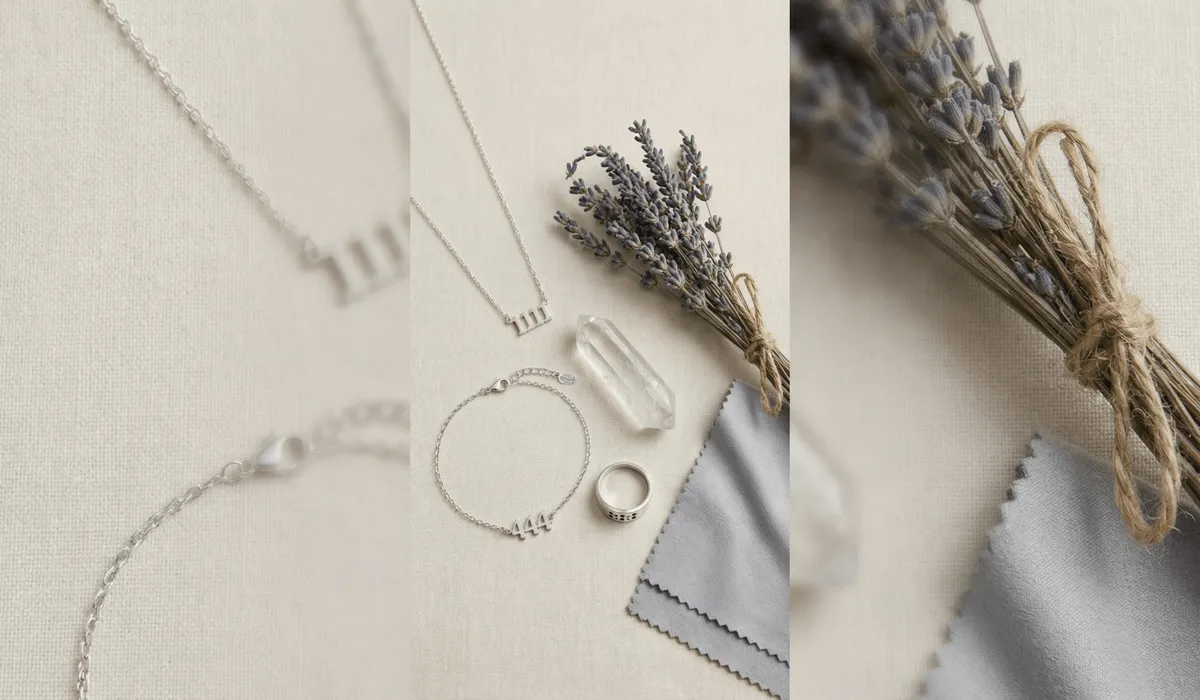 The Minimalist Silver Angel Number Collection: Meaningful Jewelry for Spiritual Growth 3 - Buddha Bodhis A collection of silver angel number jewelry with a clear quartz crystal illustrating spiritual manifestation tools.