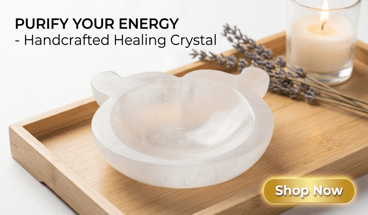 The Minimalist Silver Angel Number Collection: Meaningful Jewelry for Spiritual Growth 2 - Buddha Bodhis Natural Moroccan Selenite Ox Bowl and crystal charging plate for energy cleansing, featured in a high-end wellness setting with a Shop Now button.
