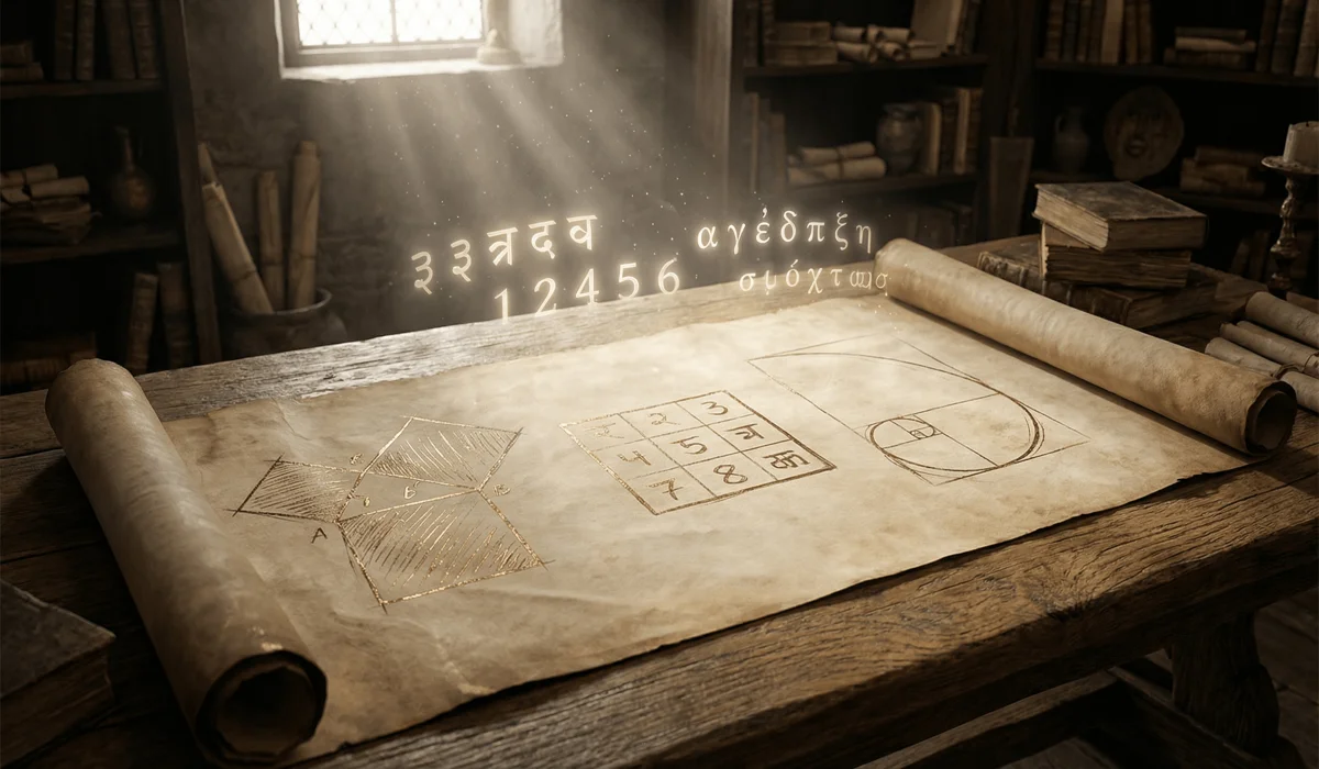 Discover Your Power Numbers: A Guide to Their Meaning and Influence - Buddha Bodhis An artistic representation of ancient numerology origins featuring Pythagorean geometry, Vedic symbols, and sacred scrolls.