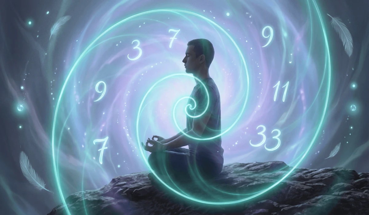 Discover Your Power Numbers: A Guide to Their Meaning and Influence 4 - Buddha Bodhis A person meditating with a glowing Fibonacci spiral and numerical vibrations for spiritual manifestation.