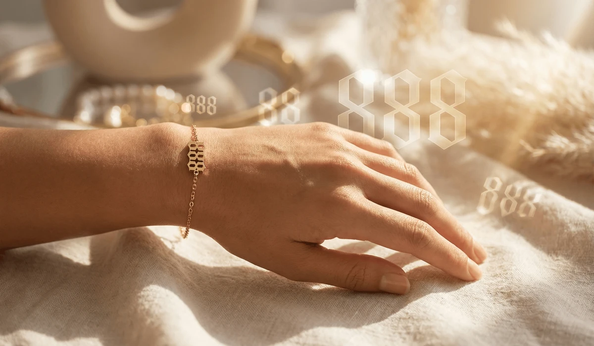 The Spiritual Meaning of Repeating Number Patterns and Angel Signs 2 - Buddha Bodhis Close-up of elegant 888 angel number jewelry acting as a mindfulness anchor for manifestation and abundance.