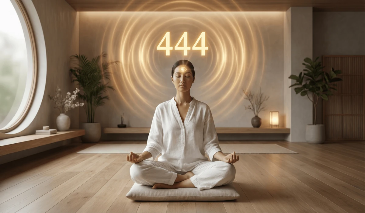 The Spiritual Meaning of Repeating Number Patterns and Angel Signs 4 - Buddha Bodhis A person meditating with a glowing 444 angel number symbol at the third eye, representing protection and spiritual alignment.