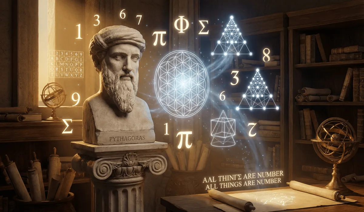 The Spiritual Meaning of Repeating Number Patterns and Angel Signs 1 - Buddha Bodhis Ancient Greek philosopher Pythagoras surrounded by glowing numerical vibrations and sacred geometry, representing the origins of numerology.