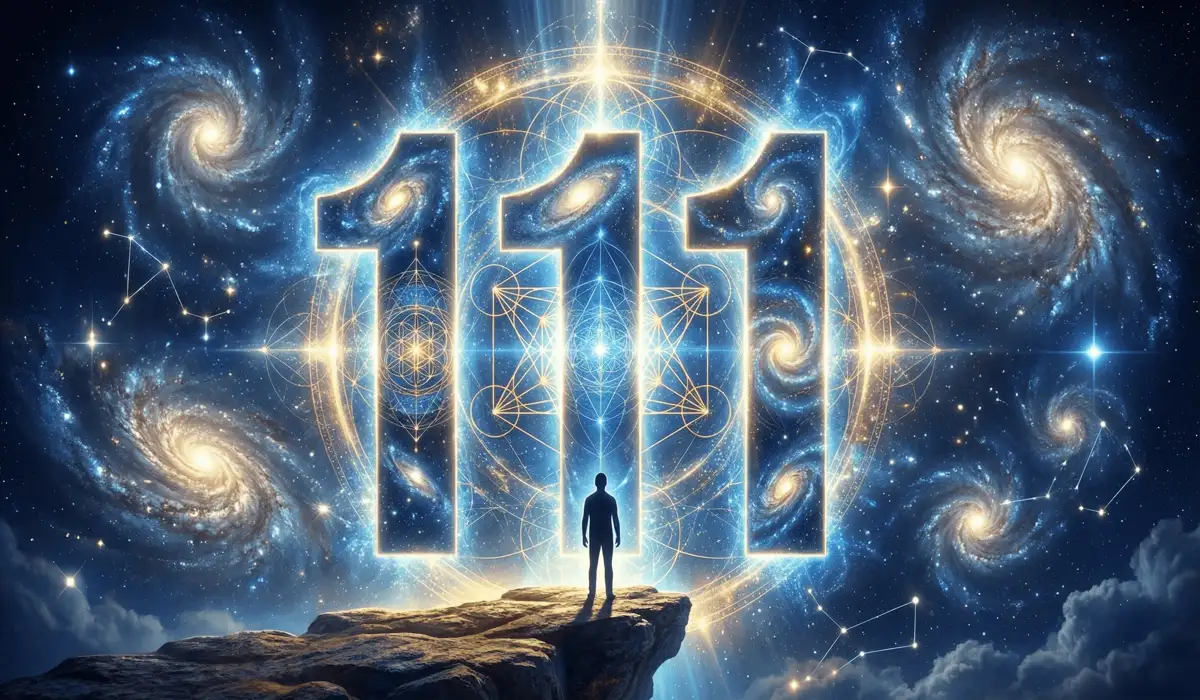 The Spiritual Meaning of Repeating Number Patterns and Angel Signs - Buddha Bodhis A spiritual representation of angel number 111 as a cosmic portal between the physical and etheric worlds, featuring sacred geometry.